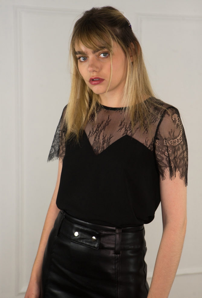 Black Lace Bi-Fabric Short Sleeve Top