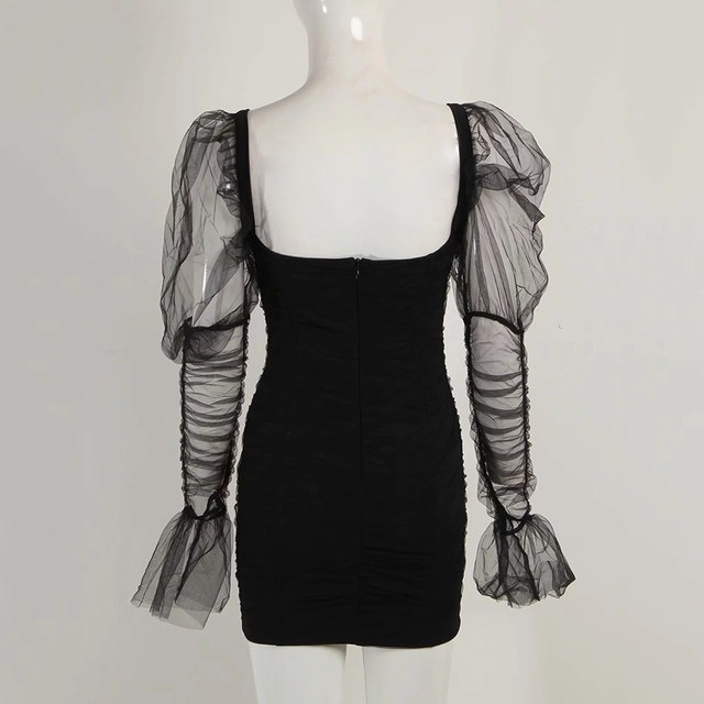 Black Ruched Sheer Sleeve Mini Dress