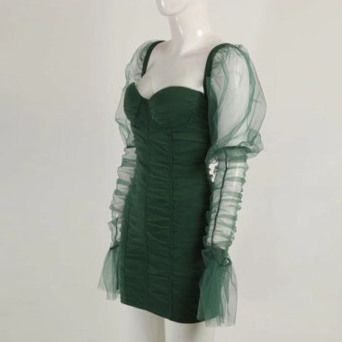 Sheer Sleeves Bustier Bodycon Dress – Green