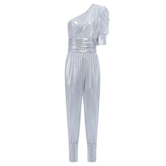 Silver One Sleeve Foil Jumpsuit