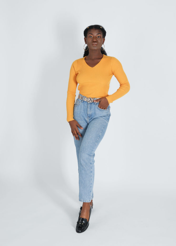 Yellow V-neck Ribbed Pullover