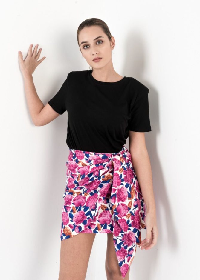 Pink Floral Ruched Mini Skirt