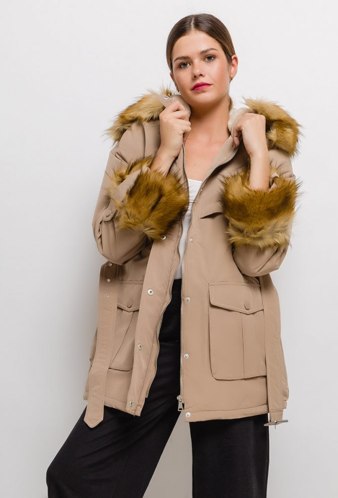 Belted Parka with Faux Fur