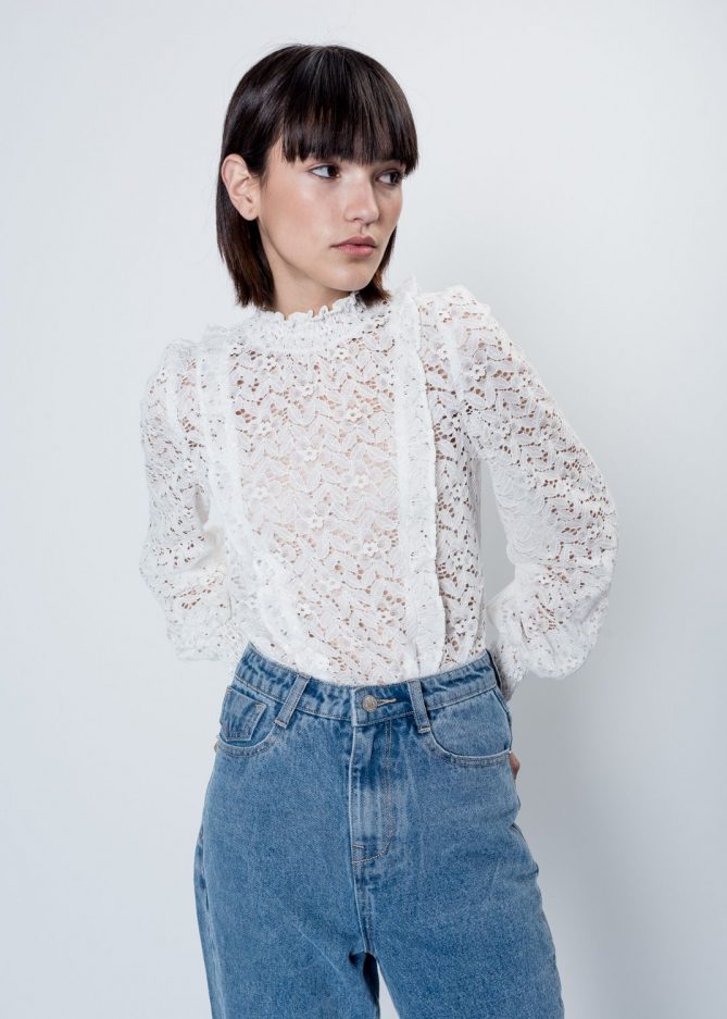 White Lace High Neck Blouse