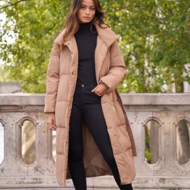 Brown Long Puffer Belted Jacket